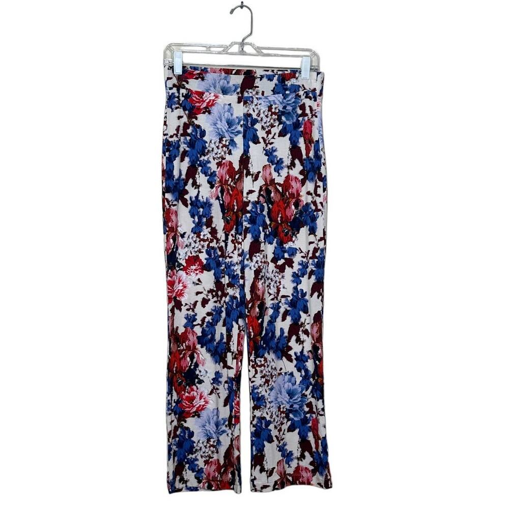 Karen Kane floral red blue over off white pull on pants size Small